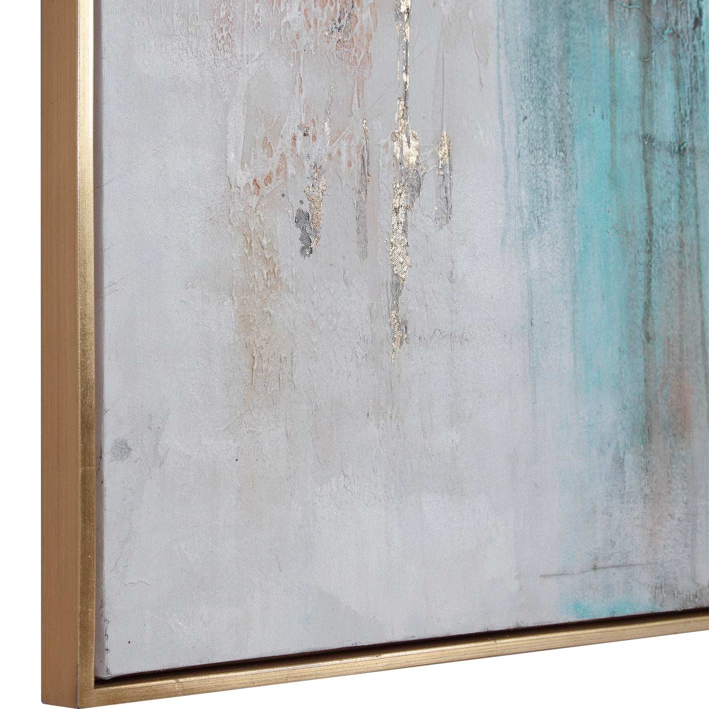 Hand Painted On Canvas, This Abstract Artwork Features Bright Teal And Charcoal Tones With Burnt Orange And Gold Leaf High...