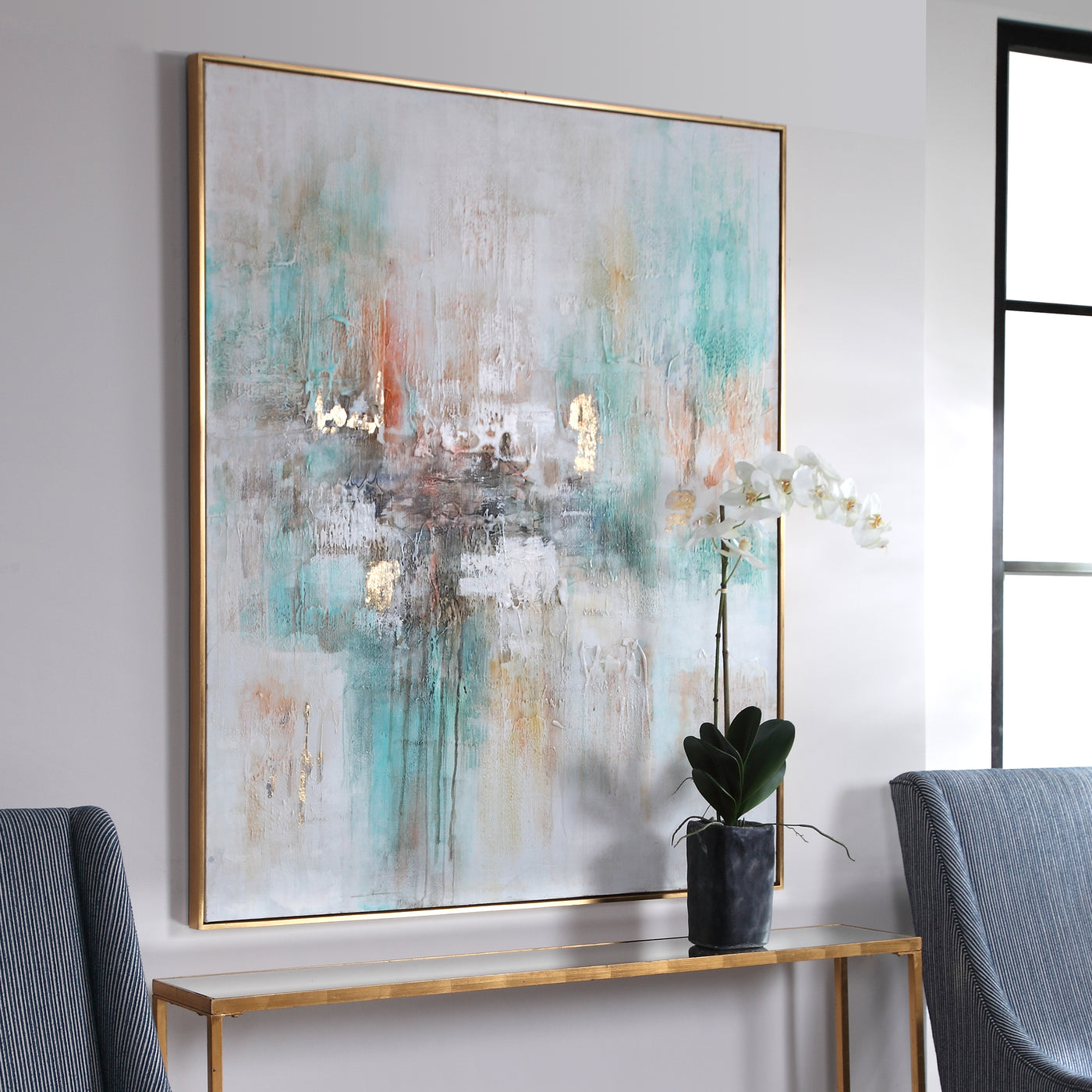 Hand Painted On Canvas, This Abstract Artwork Features Bright Teal And Charcoal Tones With Burnt Orange And Gold Leaf High...