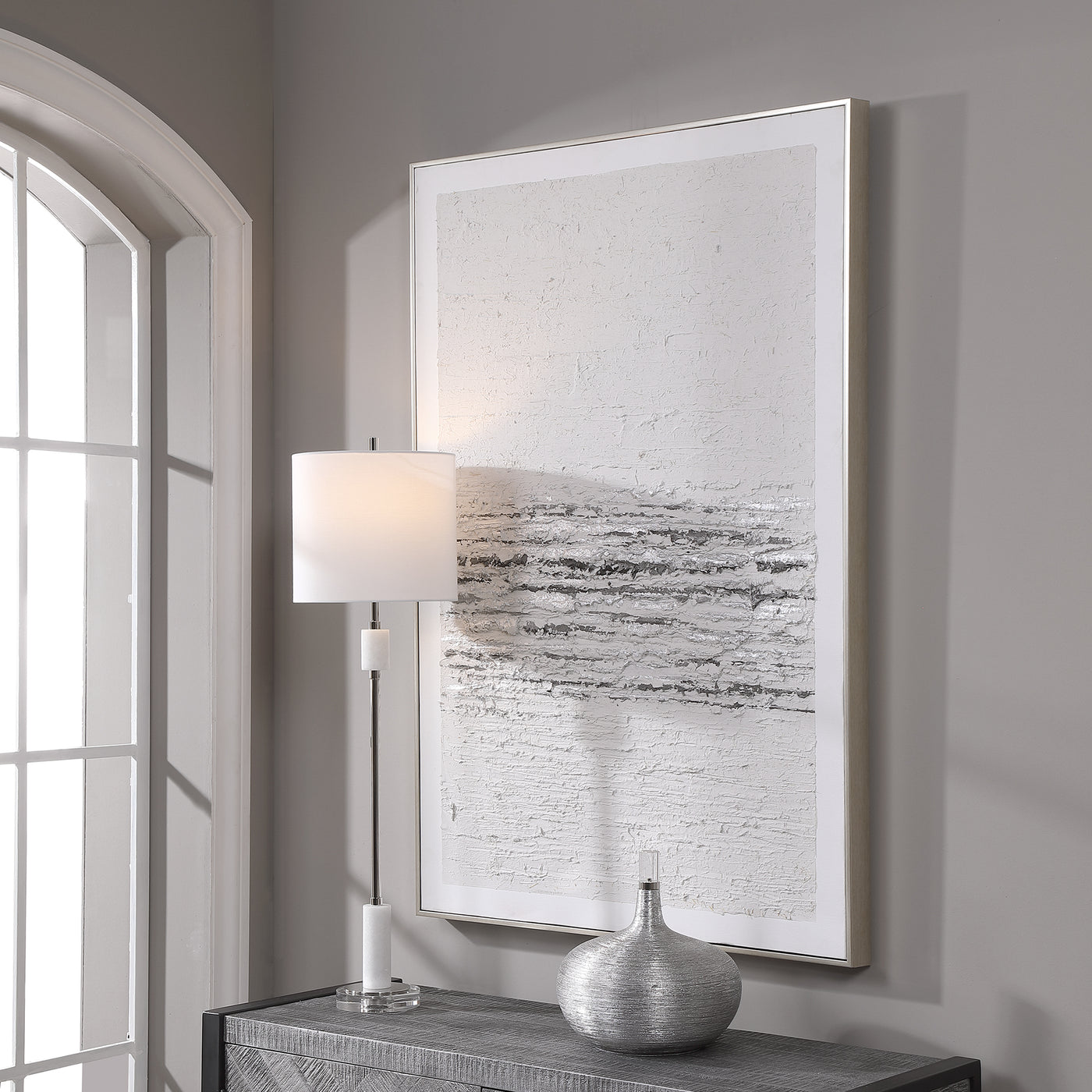 Stylish And Sophisticated, This Hand Painting Has Noticeable Textural Accents With Light Gray, Charcoal And Silver Leaf To...