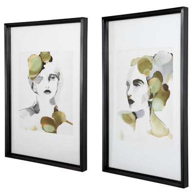 Set Of Two Modern, Statement Art Pieces Showcase Watercolor Style Portraits With Shades Of Sage Green, Sepia, And Charcoal...