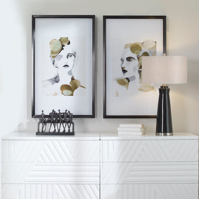 Set Of Two Modern, Statement Art Pieces Showcase Watercolor Style Portraits With Shades Of Sage Green, Sepia, And Charcoal...