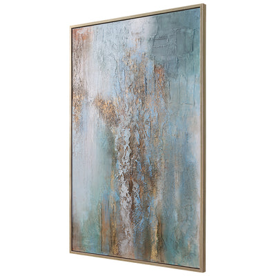 This Hand Painted Abstract Artwork Features A Largely Blue And Green Canvas Accented By Shades Of White, Terra Cotta, Taup...
