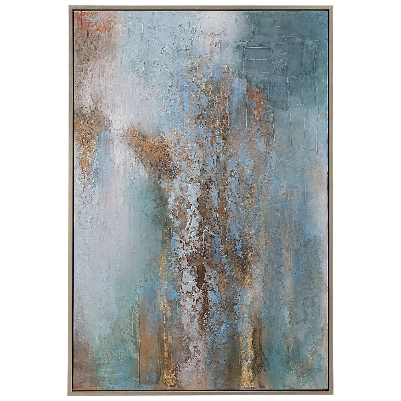 This Hand Painted Abstract Artwork Features A Largely Blue And Green Canvas Accented By Shades Of White, Terra Cotta, Taup...