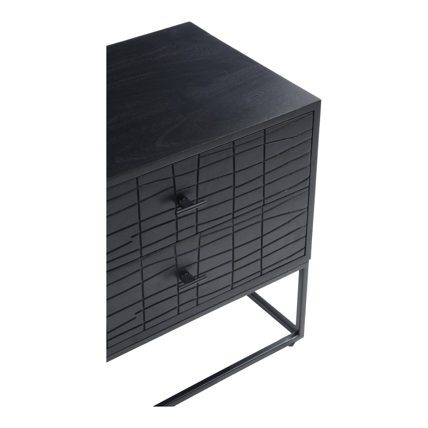 A slick black look. The Atelier nightstand features two sliding drawers with a textured detailing. A cool iron frame suppo...