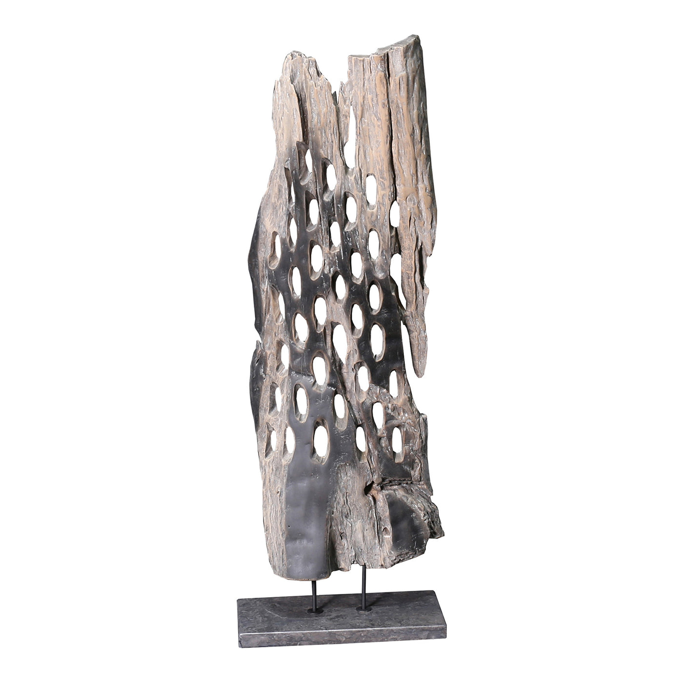This weather-grey teak sculpture will add a natural element to a room - it's tall height will make a dramatic centerpiece ...