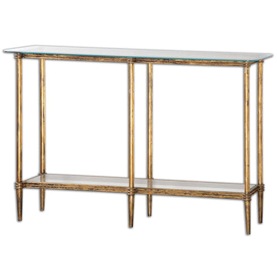 Featuring Sophisticated Molding Details, This Elegant Console Table Has A Bright Gold Leaf Finish With Distressed Details ...