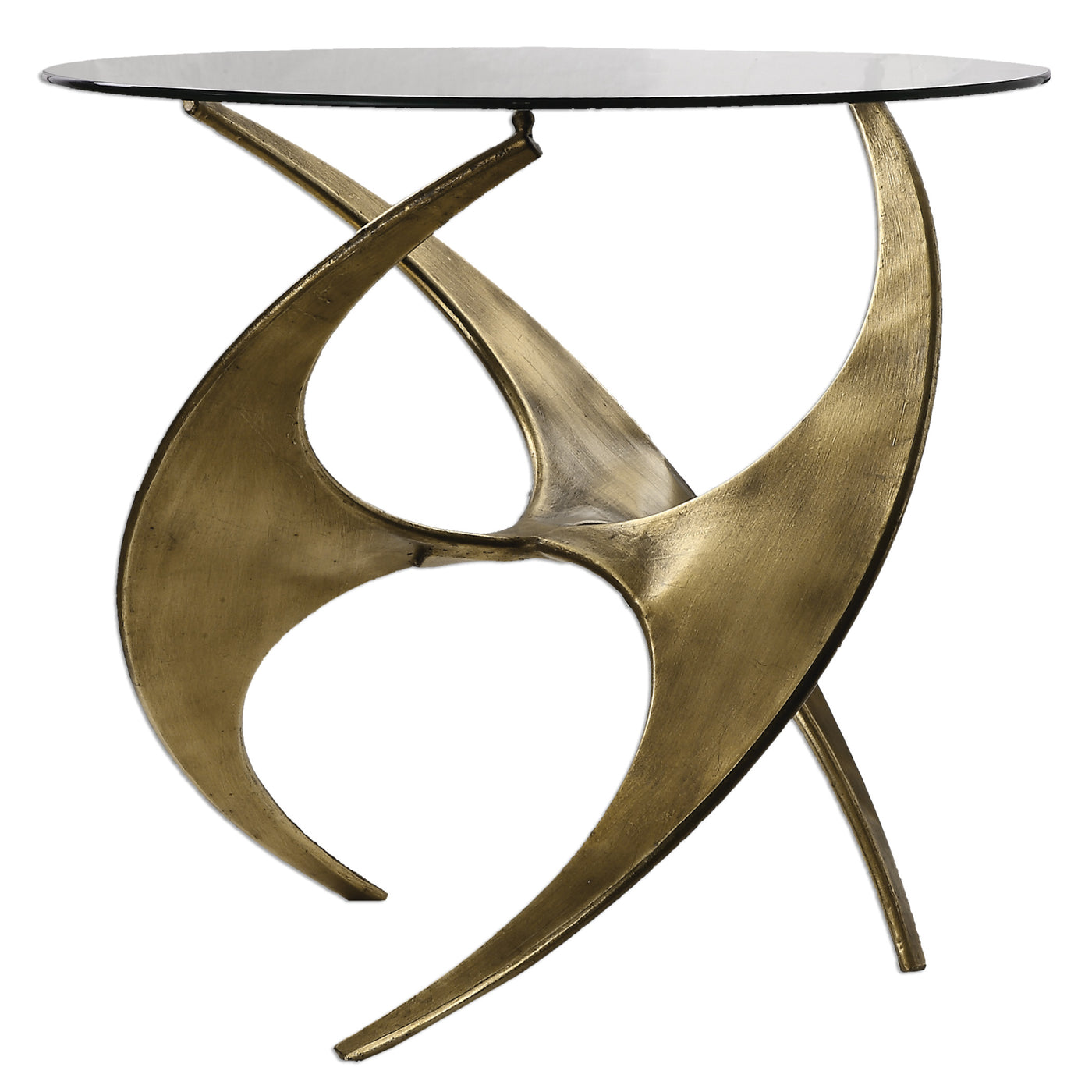 Artfully Sculpted Metal Base In Antique Gold With A Tempered Glass Top.
