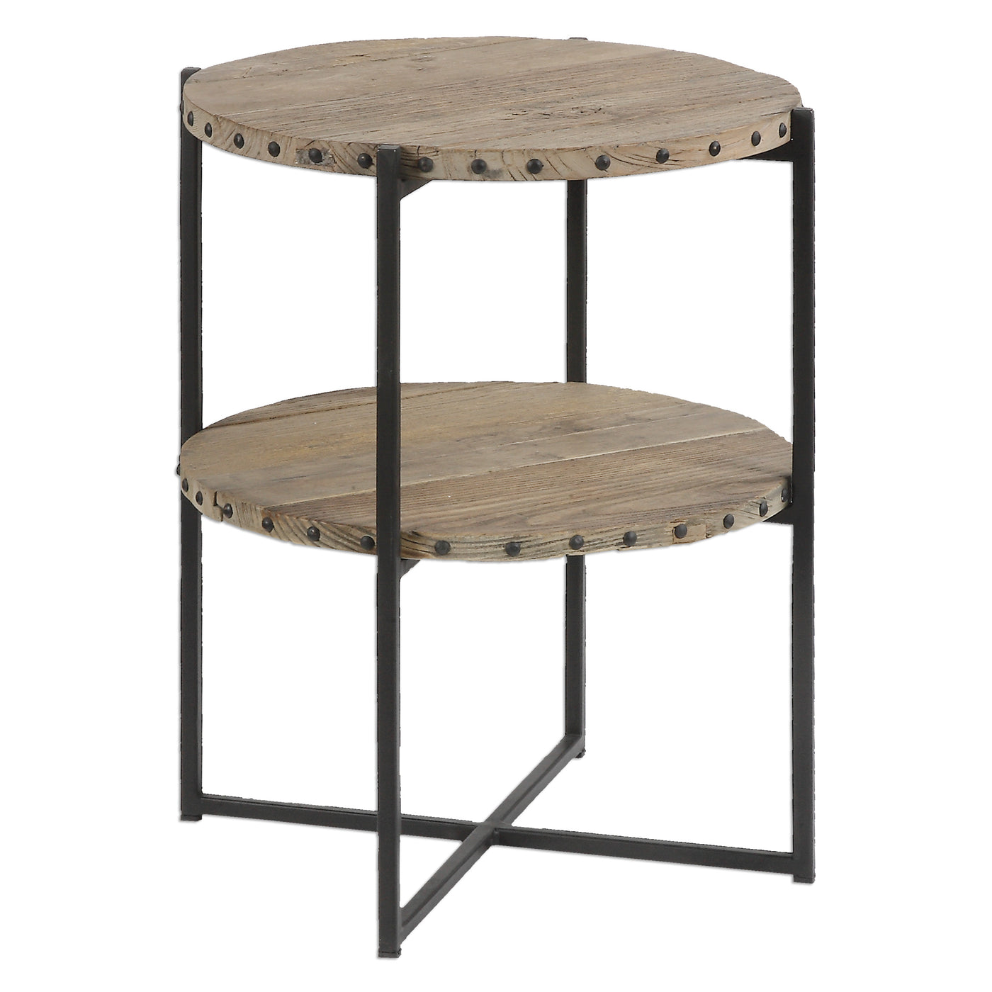 Double Layered Table Features Recycled Elm Wood Accented With Nail Details On An Iron Frame. Solid Wood Will Continue To M...