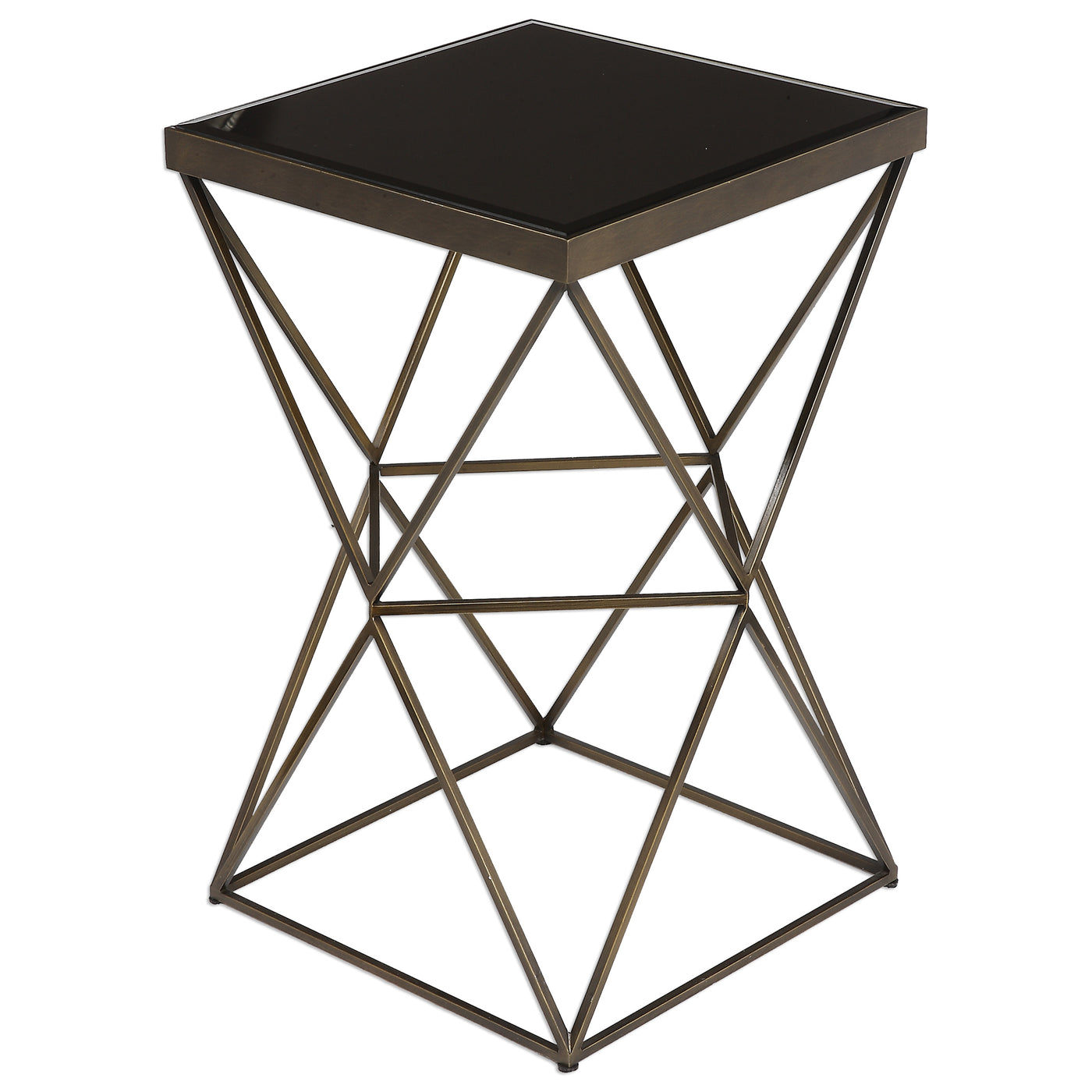 Featuring A Modern Geometric Style Base In Antique Bronze Finished Steel, Topped With Beveled Black Tempered Glass.