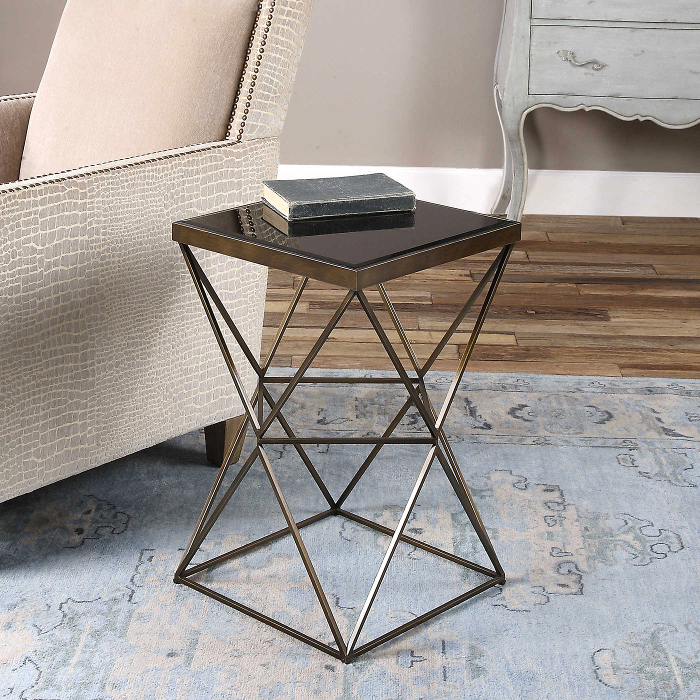 Featuring A Modern Geometric Style Base In Antique Bronze Finished Steel, Topped With Beveled Black Tempered Glass.