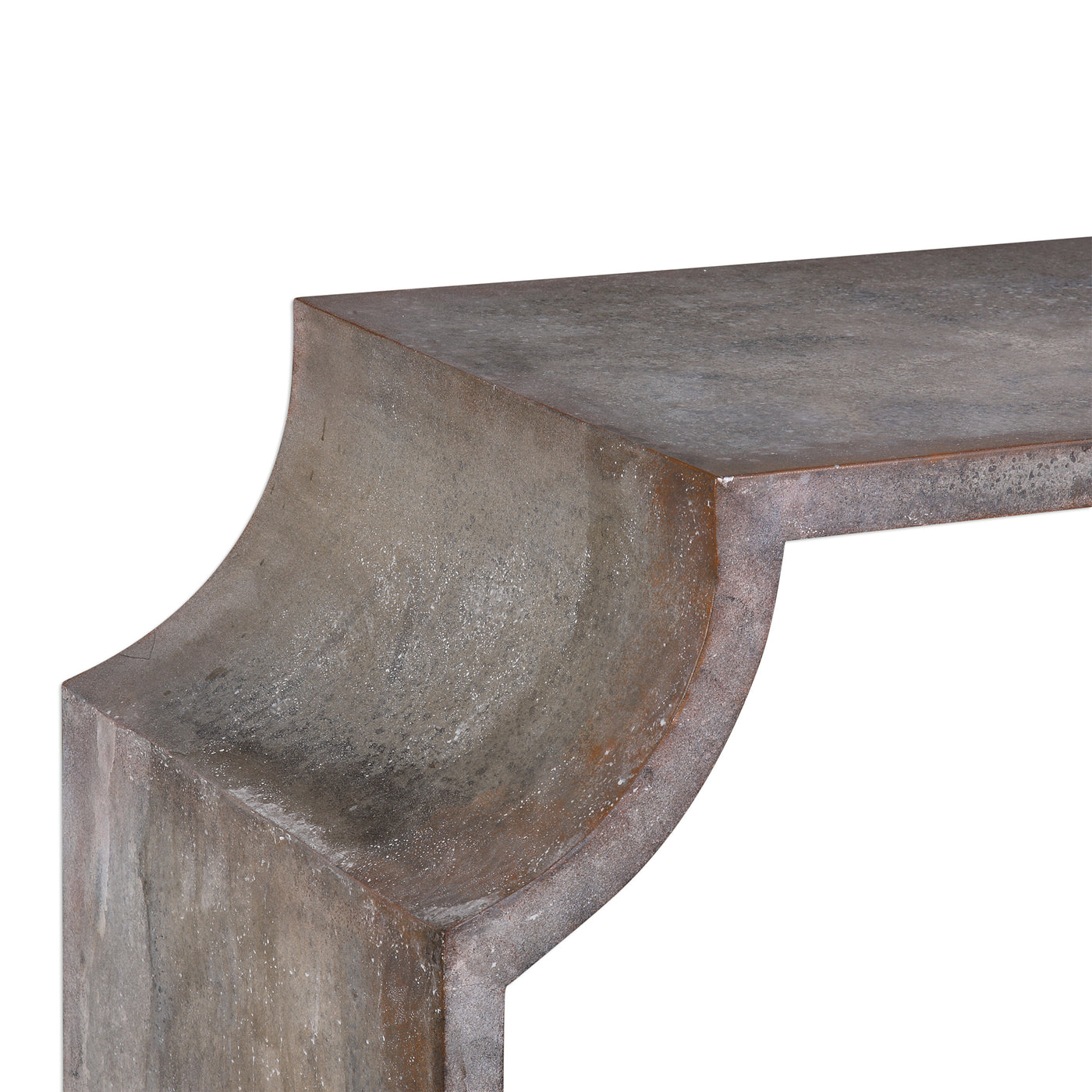 Ancient Scroll Legs Are The Focal Point Of This Table, Made From Zinc Sheeting With A Heavily Oxidized Acid Wash With Tone...