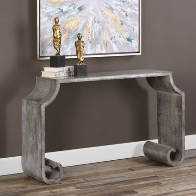 Ancient Scroll Legs Are The Focal Point Of This Table, Made From Zinc Sheeting With A Heavily Oxidized Acid Wash With Tone...