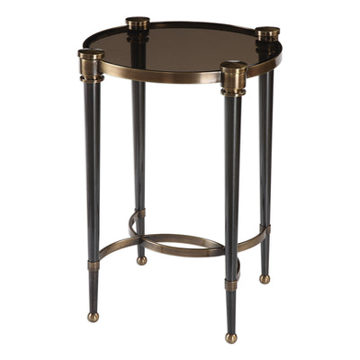 Brushed Black Tapered Legs Are Accented With Brass Plated Details, Complete With A Smoke Glass Inset Top.