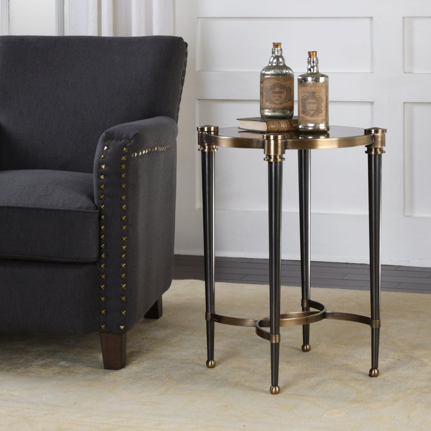 Brushed Black Tapered Legs Are Accented With Brass Plated Details, Complete With A Smoke Glass Inset Top.