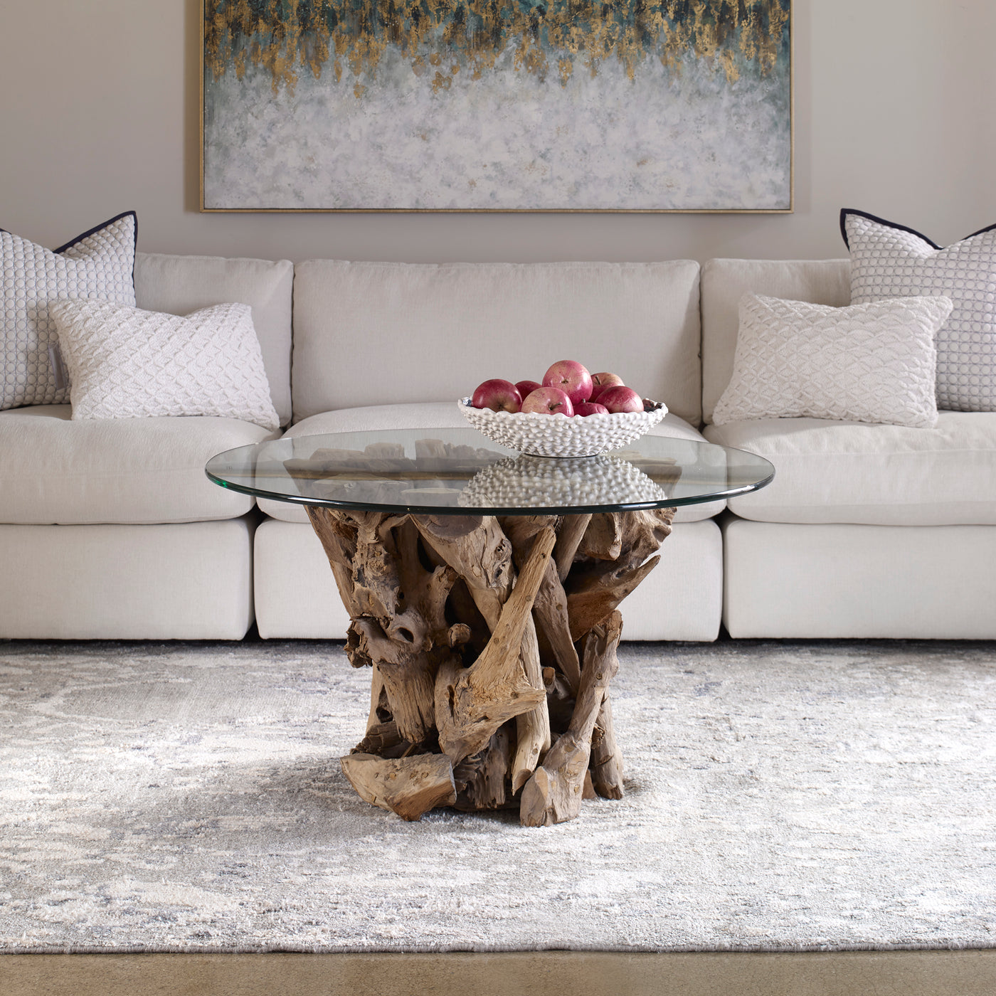 Natural, Unfinished Teak Driftwood Sculpted Into A Sturdy Table With A Clear Glass Top.