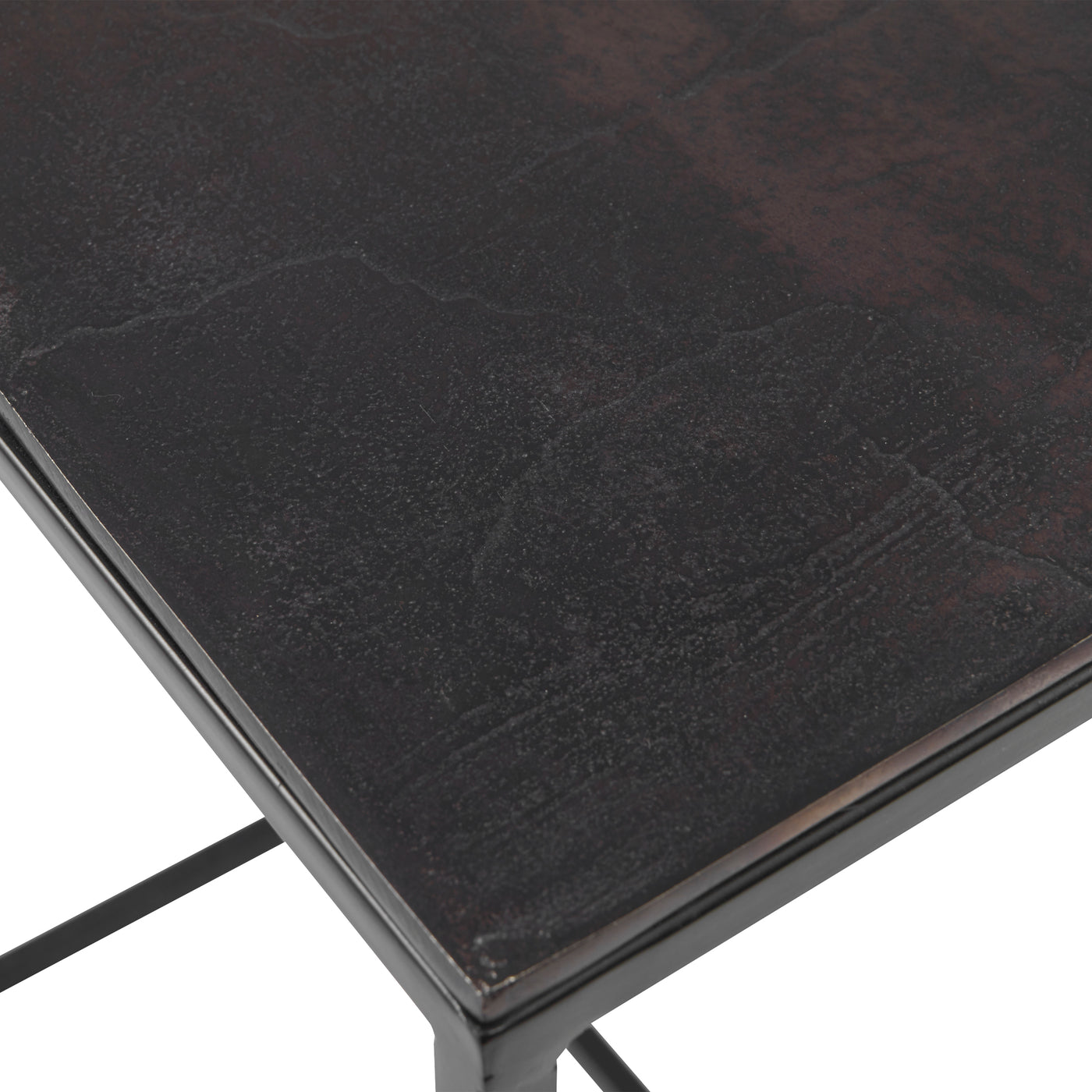 Functional Nesting Tables Constructed In An Aged Black Iron, Featuring A Textured Cast Aluminum Slab Top Finished In A Pla...