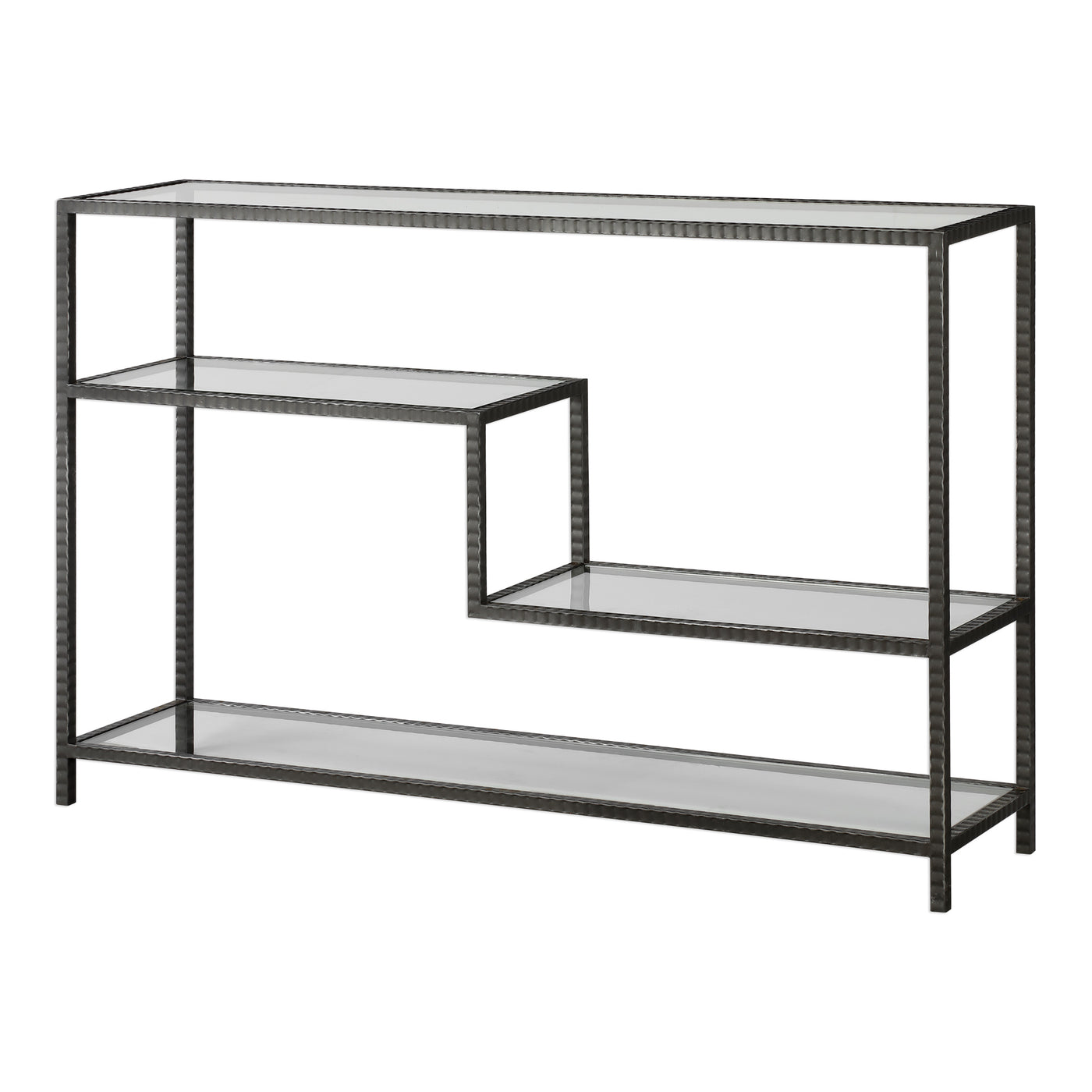 Industrial Inspired Function With Multi-level Display Shelves, Featuring Ribbed Iron Finished In An Aged Gunmetal With A L...