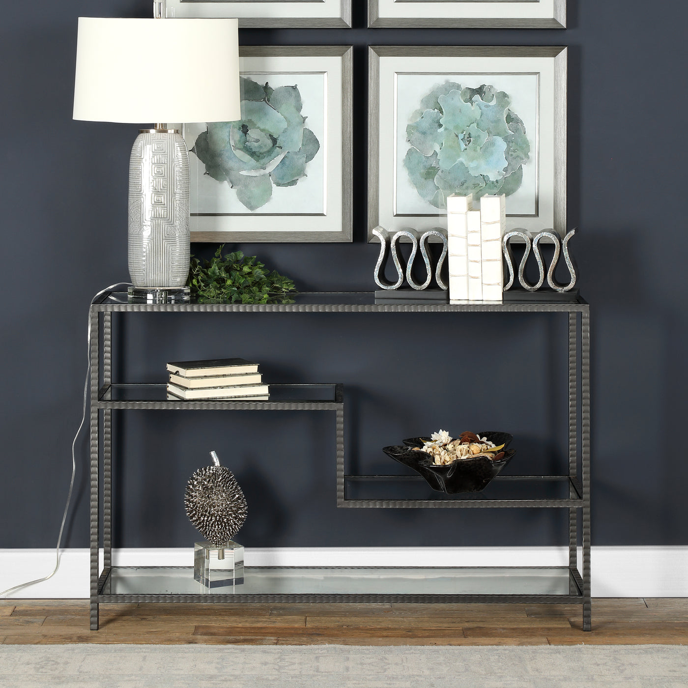 Industrial Inspired Function With Multi-level Display Shelves, Featuring Ribbed Iron Finished In An Aged Gunmetal With A L...
