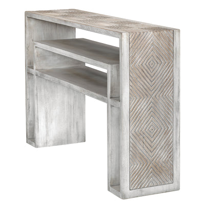 Finished In An Aged Bone-white Over Mahogany Veneer With A Multi-level Display, Featuring A Hand Carved Geometric Top In S...