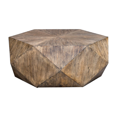 This Unique Geometric Coffee Table Features A Sunburst Top In Mango Veneer Finished In Burnished Honey With A Subtle Light...
