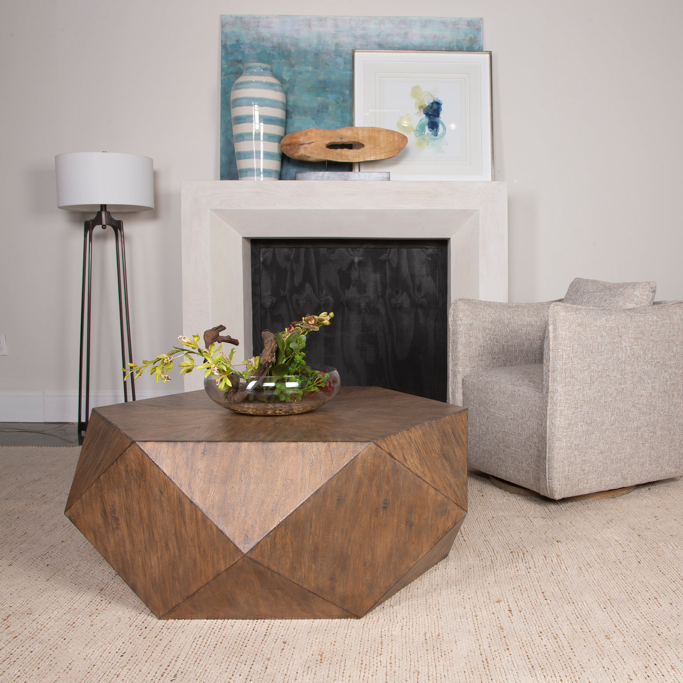This Unique Geometric Coffee Table Features A Sunburst Top In Mango Veneer Finished In Burnished Honey With A Subtle Light...