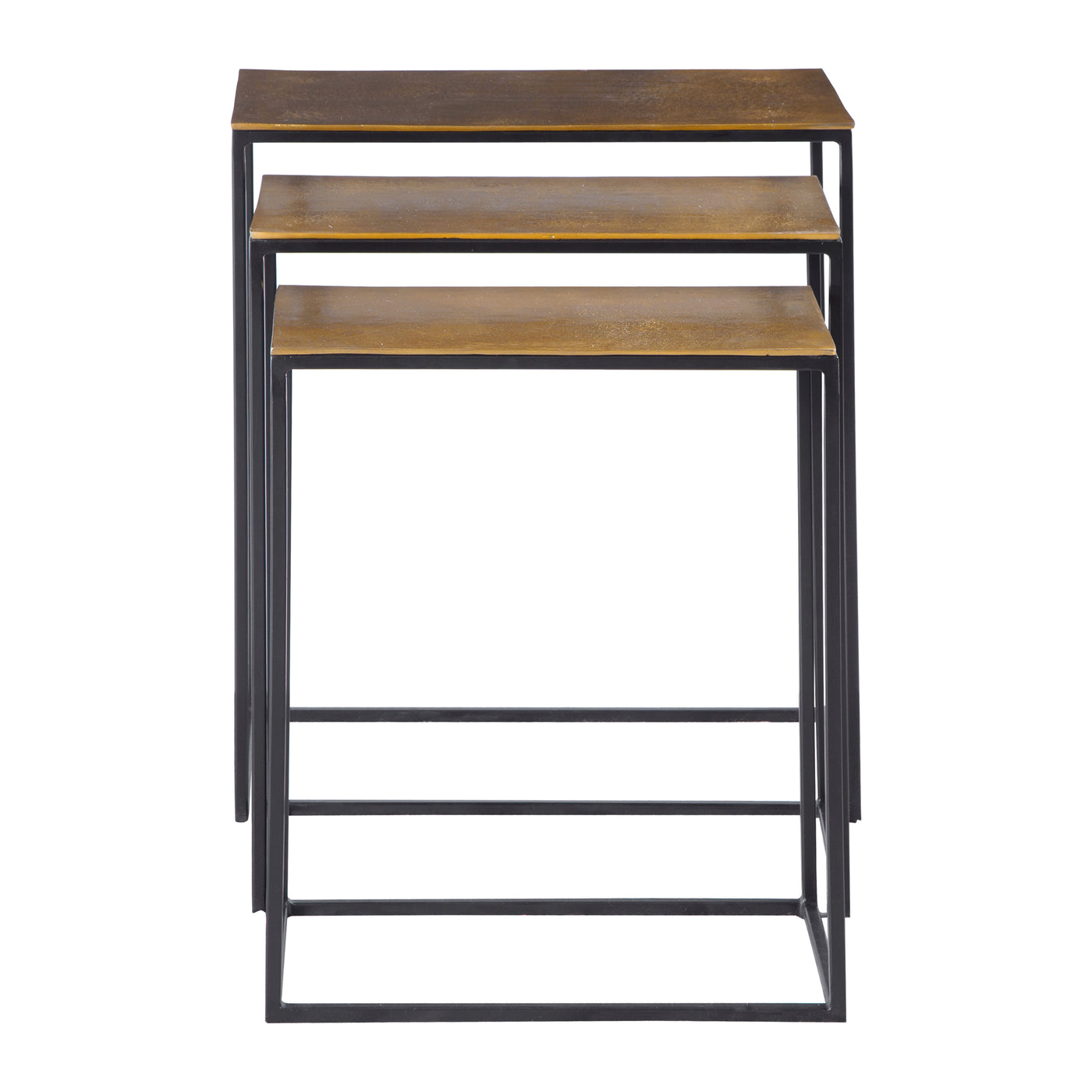 Functional Nesting Tables Constructed In An Aged Black Iron, Featuring A Cast Textured Aluminum Slab Top Finished In A Pla...