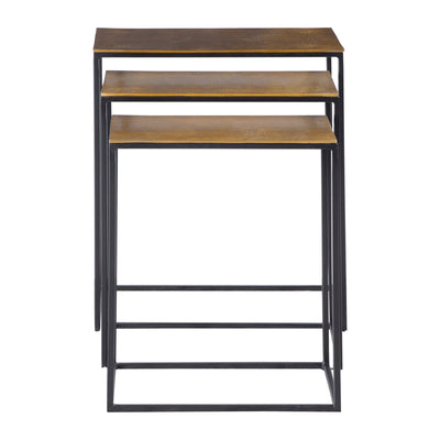 Functional Nesting Tables Constructed In An Aged Black Iron, Featuring A Cast Textured Aluminum Slab Top Finished In A Pla...