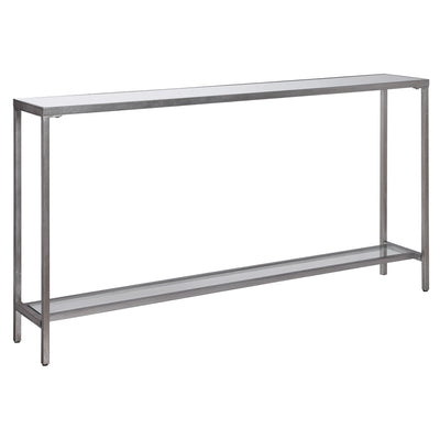 Classic And Minimalistic, This Narrow Iron Console Table Is Finished With Lightly Antiqued Silver Leaf, Inset With A Bevel...