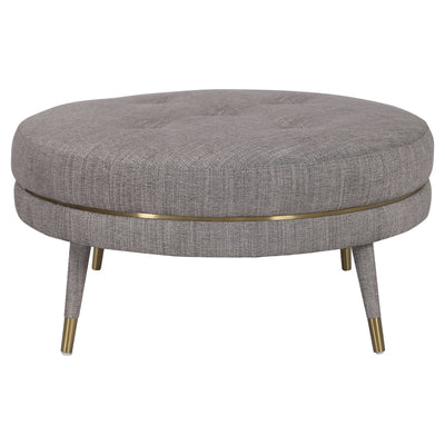 A Plush Button Tufted Ottoman Tailored In A Taupe-brown Linen Blend Fabric. Features Brushed Brass Stainless Steel Trim An...