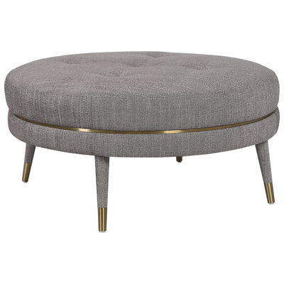 A Plush Button Tufted Ottoman Tailored In A Taupe-brown Linen Blend Fabric. Features Brushed Brass Stainless Steel Trim An...
