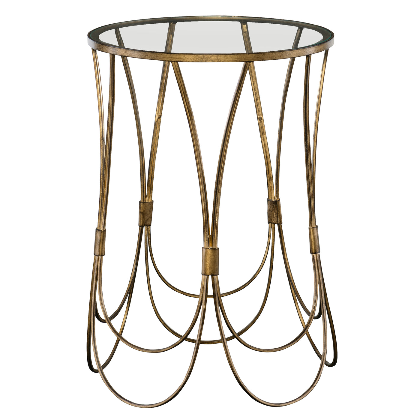 Solidly Constructed From Hand Forged Iron, This Accent Table Showcases Elegantly Curved Lines In An Antique Gold Finish Wi...