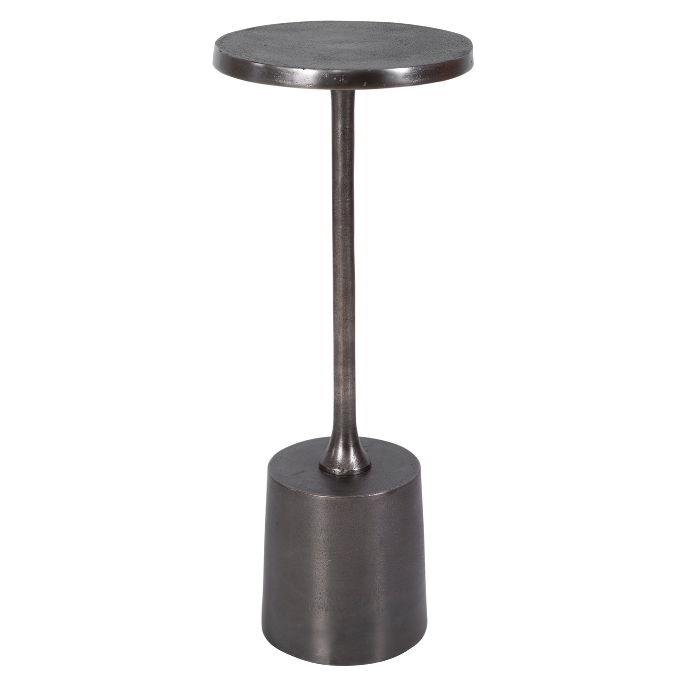 Minimalist In Style With A Chunky Base, This Solid Aluminum Drink Table Features A Textured Finish In Antique Nickel.