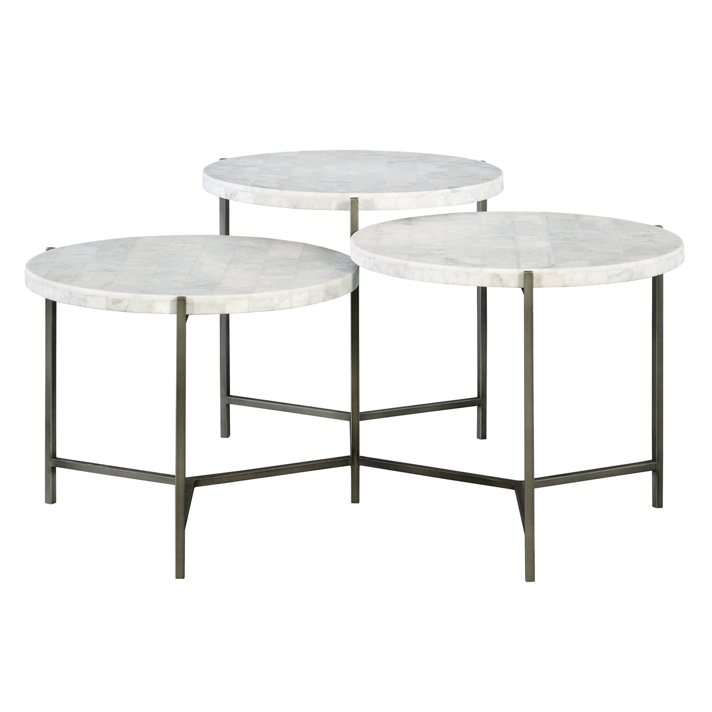 Clean Contemporary Styling Is Featured In This Tiered Coffee Table Design With White Marble Tops, On A Forged Iron Base In...