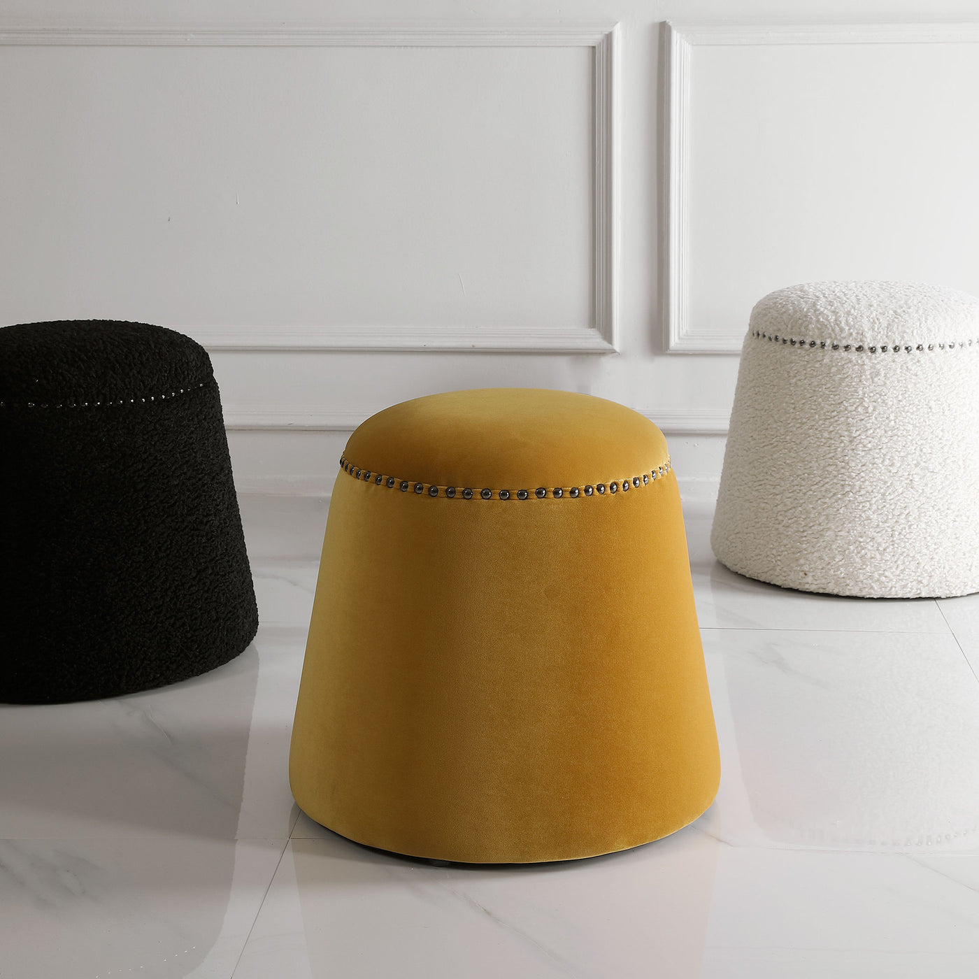 This Plush Ottoman Is Covered In A Luxurious Mustard Yellow Velvet With Black Nickel Nail Head Details. Versatile And Styl...
