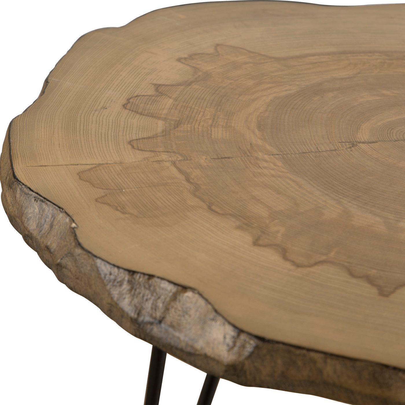 Influenced By Modern Lodge Style, This Side Table Features A Cross Cut Veneered Wood Slab Top With Live Edge Details Paire...