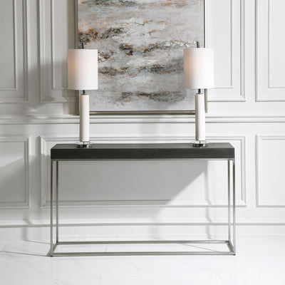 Sleek And Contemporary, This Console Table Features A Black Concrete Look Atop A Brushed Nickel Stainless Steel Base.