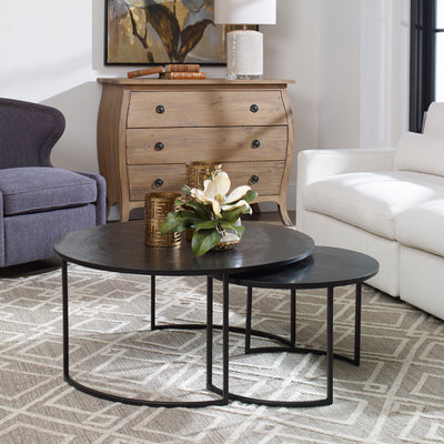With Modern Minimalist Styling, These Nesting Coffee Tables Feature Textured Cast Aluminum Tops In An Oxidized Black Finis...