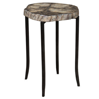 This Rustic Modern Accent Table Features A Suar Wood Cross-cut Section With Natural Live Edge Details And A Rich Petrified...