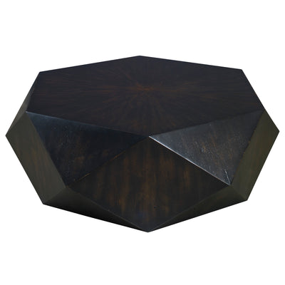 This Unique Geometric Table Features A Low Profile, Perfect For Viewing The Sunburst Top In Mango Veneer With A Worn Black...