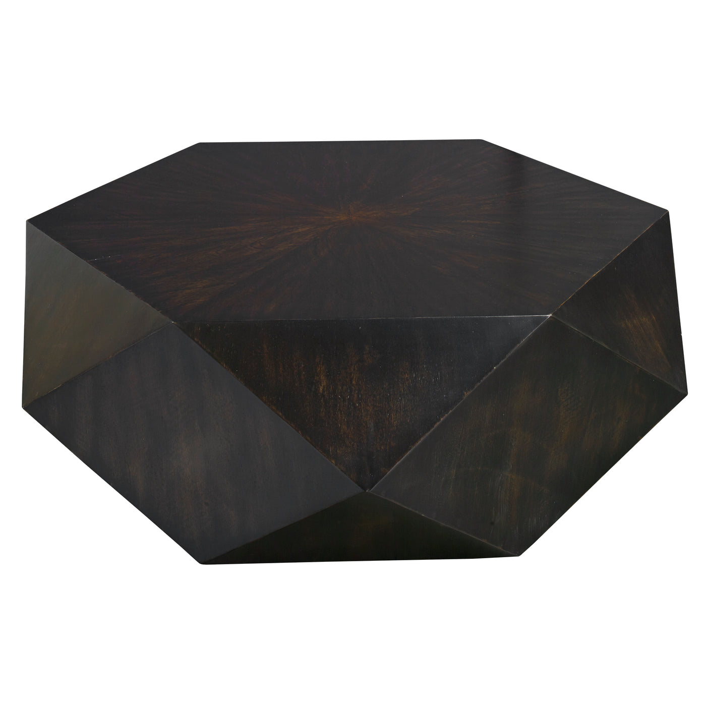 This Unique Geometric Table Features A Low Profile, Perfect For Viewing The Sunburst Top In Mango Veneer With A Worn Black...