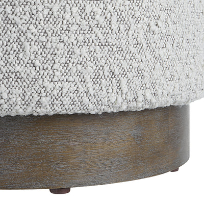 This Plush Ottoman Is Covered In A Casual Ivory And Warm Gray Boucle Fabric With A Natural Walnut Stained Wooden Base. Ver...
