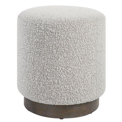 This Plush Ottoman Is Covered In A Casual Ivory And Warm Gray Boucle Fabric With A Natural Walnut Stained Wooden Base. Ver...