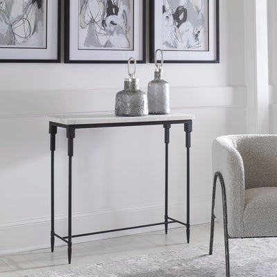 A Classic Black And White Combination With Transitional Style, The Bourges Console Table Features A Honed White Marble Sla...