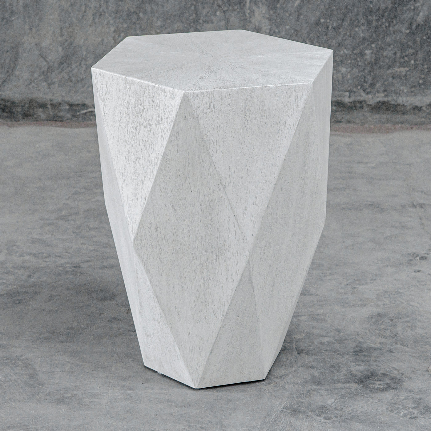 This Unique Geometric Side Table Features A Sunburst Top In Mango Veneer In A Fresh White Ceruse Finish.