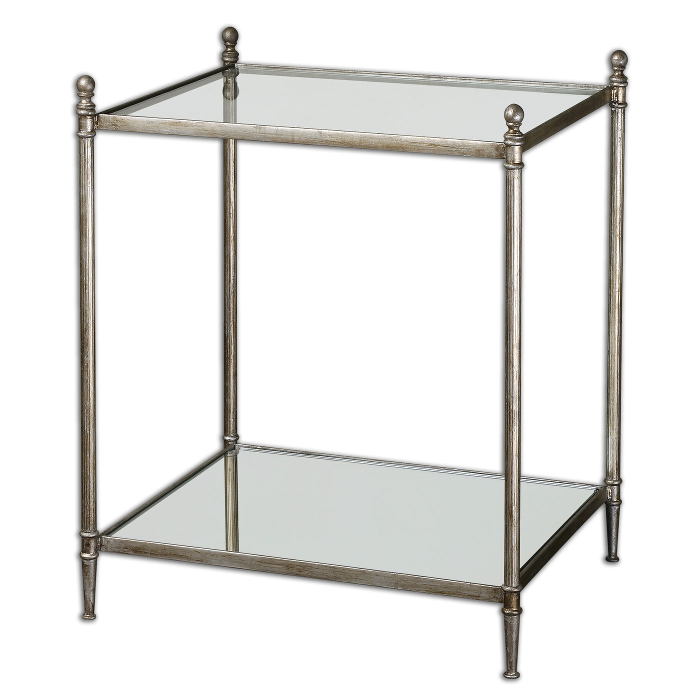 Forged Iron Frame In Antiqued Silver Leaf With Clear, Tempered Glass Top And Mirrored Gallery Shelf.