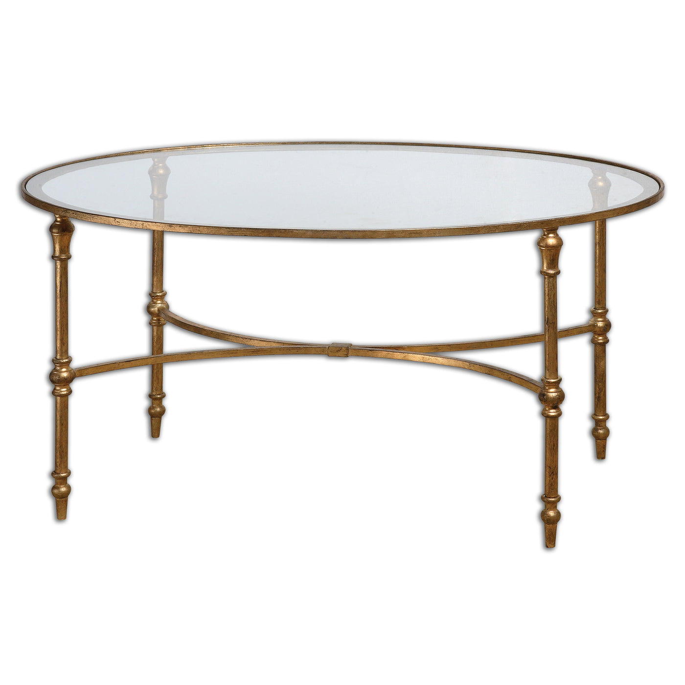 A Graceful, Oval Design Finished In Antiqued Gold Leaf Under Sturdy, Clear Tempered Glass.