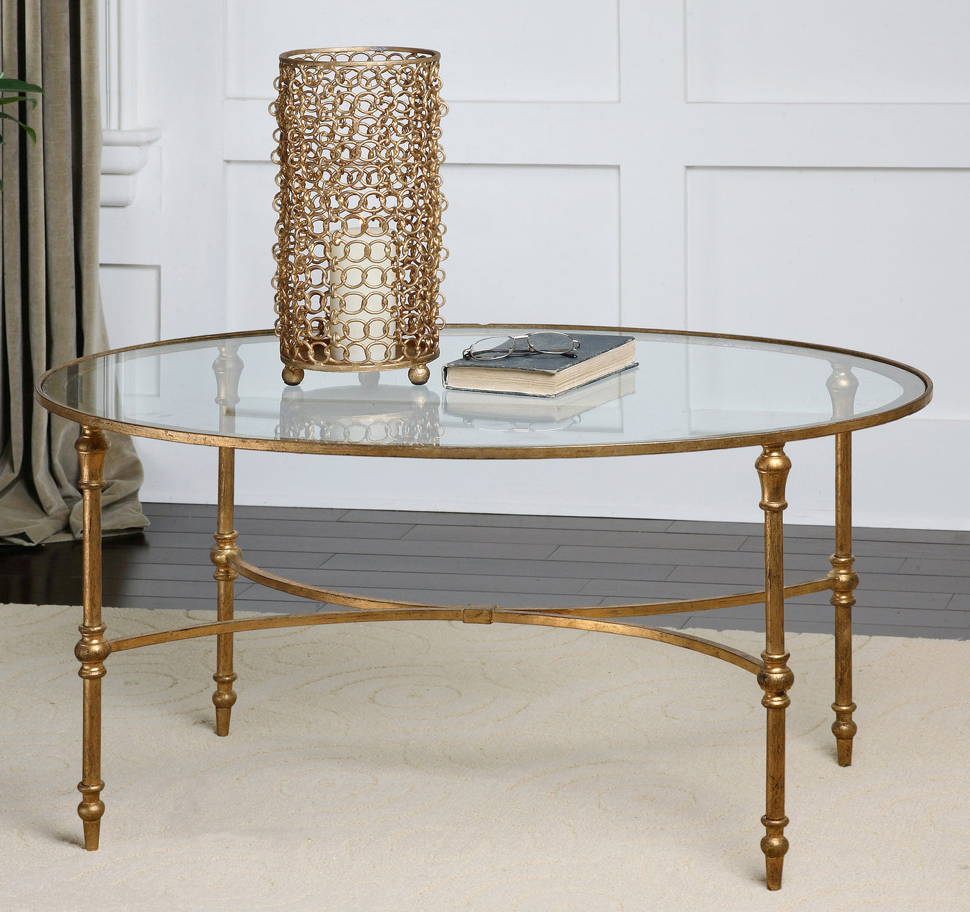 A Graceful, Oval Design Finished In Antiqued Gold Leaf Under Sturdy, Clear Tempered Glass.