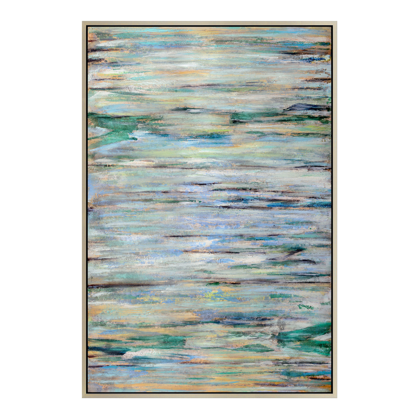 This artwork's organic, earthy greens and faded blues look like the top of a serene pool. This abstract image will fit sea...