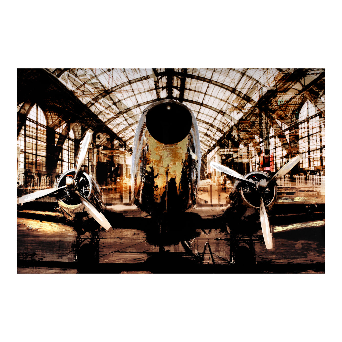 An image of a classic prop plane, sits under a retro glass hangar, awaiting its next mission vintage-inspired beauty, read...