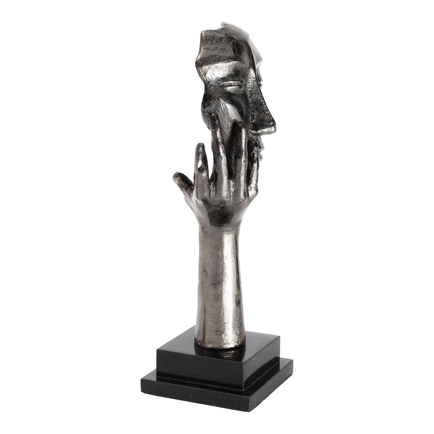 A single hand holds a perched face with eyes closed, showcasing intense contemplation through unique presentation. This ac...